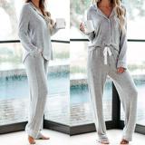 EMVANV V Neck Drawstring Closure Two Piece Loungewear Women Pajama Set Long Sleeve Home