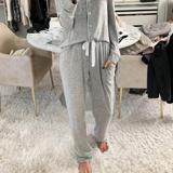 EMVANV V Neck Drawstring Closure Two Piece Loungewear Women Pajama Set Long Sleeve Home