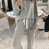 Load image into Gallery viewer, EMVANV V Neck Drawstring Closure Two Piece Loungewear Women Pajama Set Long Sleeve Home
