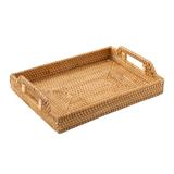 Load image into Gallery viewer, Restynic Hand-Woven Rattan Rectangular Serving Tray  Storage Platters with Handle Table Desktop Organiser Tray for coffer, Drink, Breakfast, Tea, Candle
