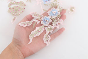 Trasylph Lace Fabric For Clothes 3D Embroidery Applique Beaded Flowers Tulle Rhinestone