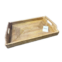 Load image into Gallery viewer, Restynic Hand-Woven Rattan Rectangular Serving Tray  Storage Platters with Handle Table Desktop Organiser Tray for coffer, Drink, Breakfast, Tea, Candle
