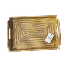 Load image into Gallery viewer, Restynic Hand-Woven Rattan Rectangular Serving Tray  Storage Platters with Handle Table Desktop Organiser Tray for coffer, Drink, Breakfast, Tea, Candle
