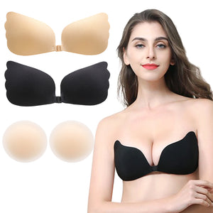 QWLWBU 2-Pack Sticky Push Up Backless Invisible Bra With Nipple Cover